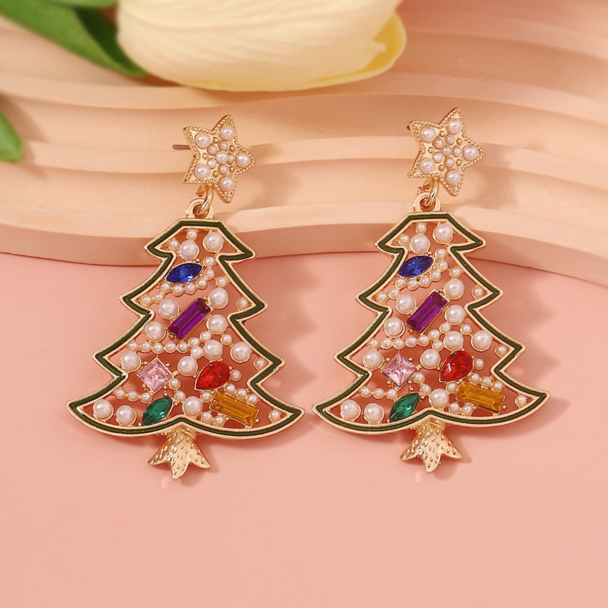 Wholesale Christmas Zinc Alloy Christmas Tree Hollow Inlaid Color Diamond Pearl Earrings